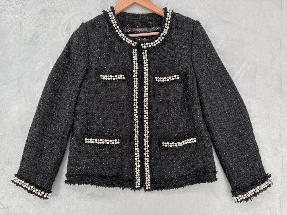 Fleur De Paris Jacket Womens Medium Black Pearl Beaded Tweed Fringe Hem classic